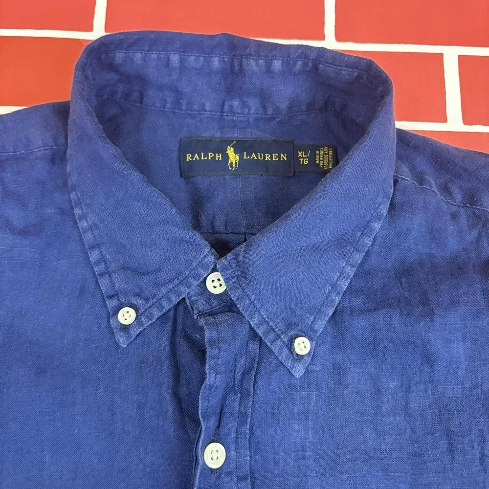 Ralph Lauren Linen Shirt Mens XL Blue Short Sleeve Button-Down Casual Pony Logo